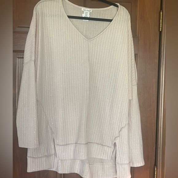 Carole Christian Sweaters - Cream Sparkly Ribbed V-Neck Tunic Sweater. Brand new size Large